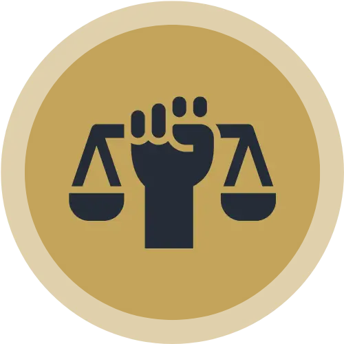 Gold circular icon with a raised fist framed by balanced scales—symbol of civil-litigation justice.