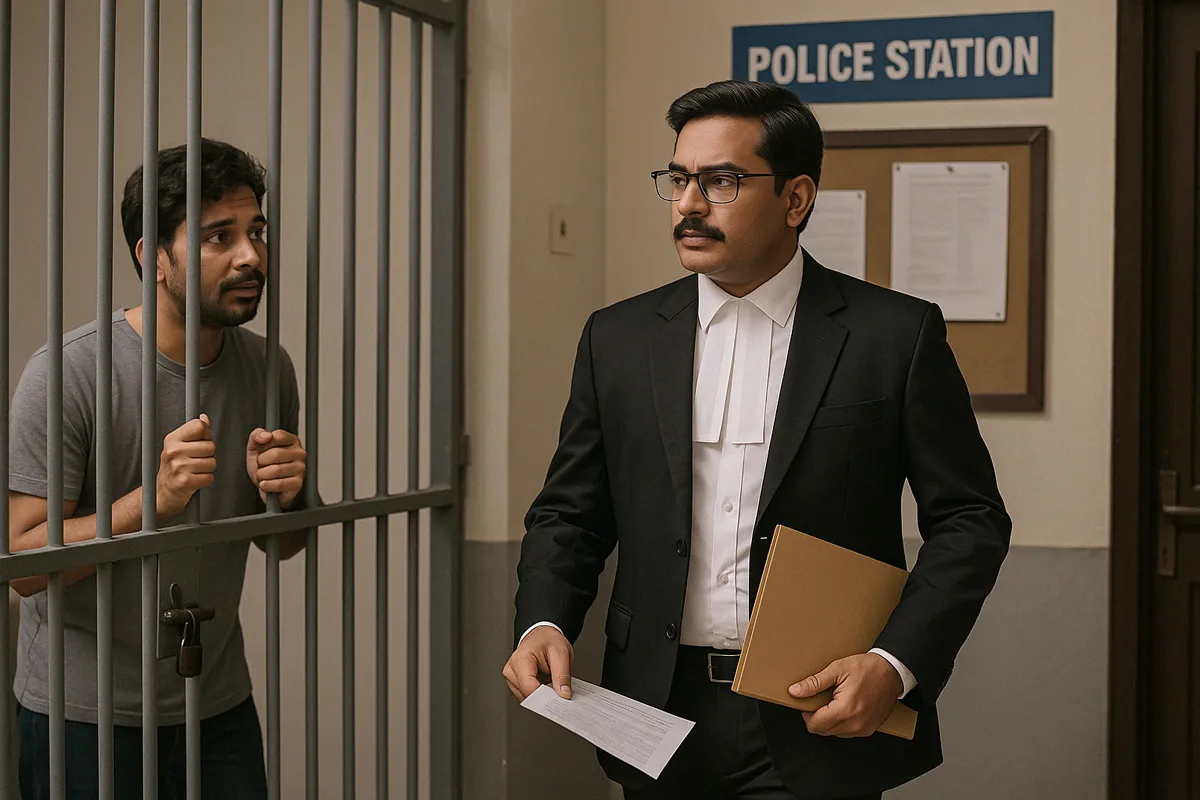Lawyer assisting an individual in a police station with the procedure for applying for anticipatory bail.