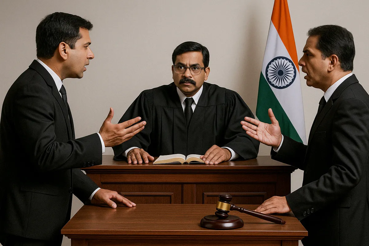 Anticipatory Bail lawyers in Bangalore presenting their arguments in court as the judge assesses both defense and prosecution before making a decision.