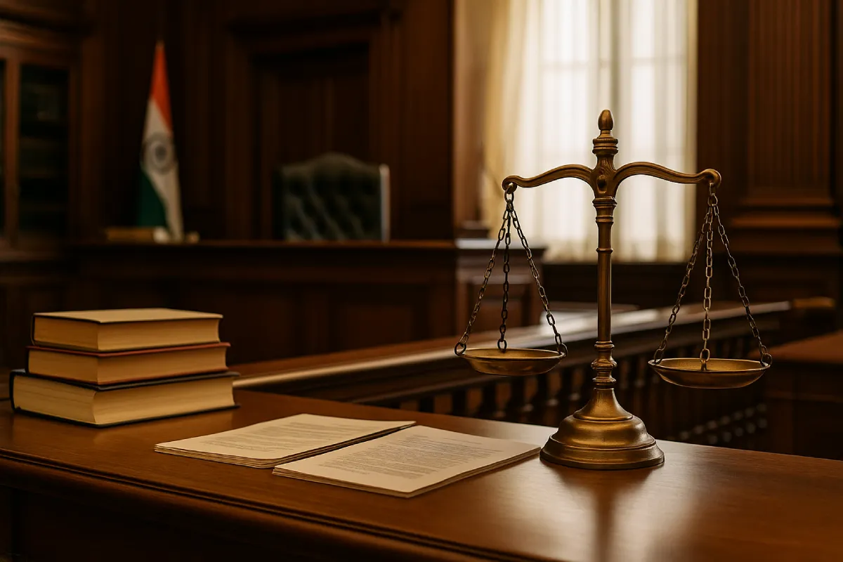 Professional Indian courtroom interior with judge’s bench, balance scale, and legal books symbolizing contested divorce proceedings in India.