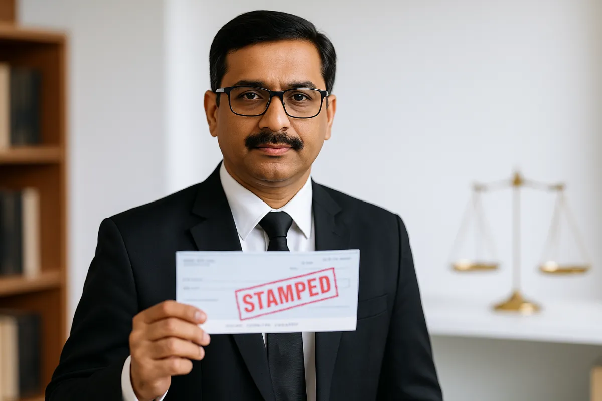 Advocate holding stamped cheque in modern office – guide on How to File a Cheque Bounce Case in India