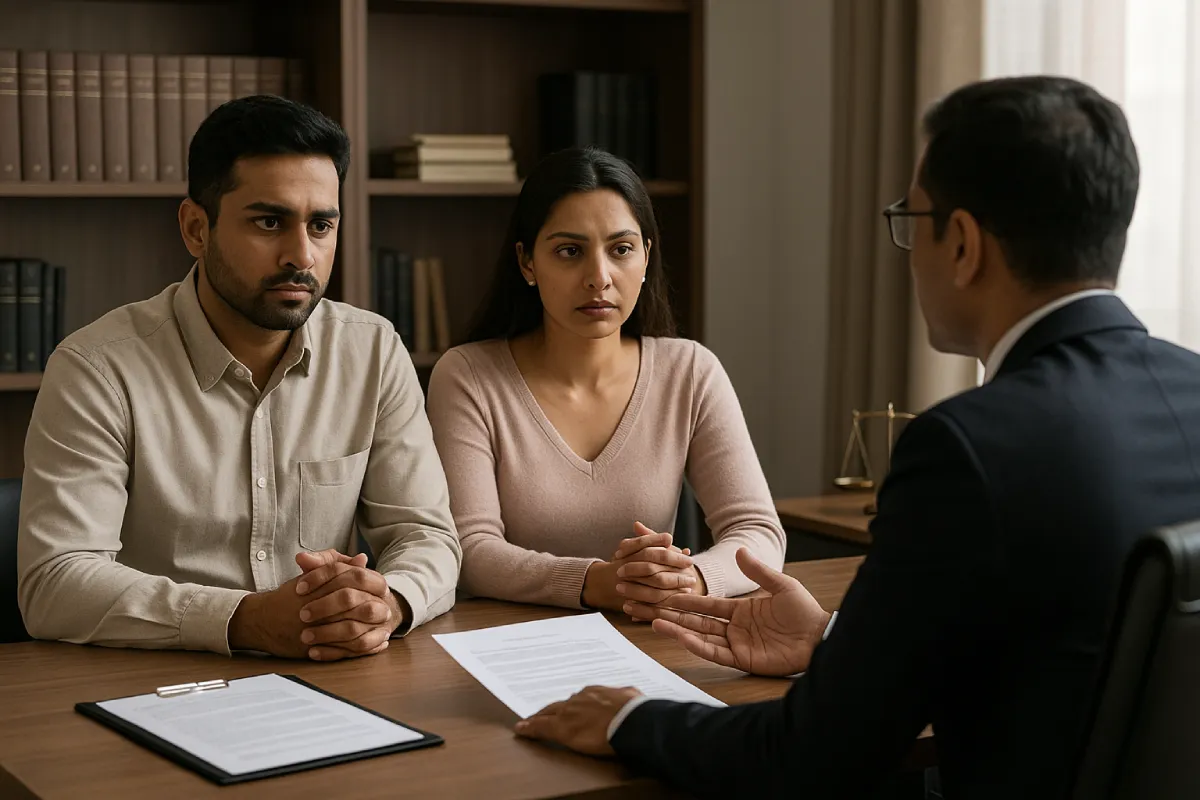 Indian couple discussing how to file for divorce in India with a lawyer in a Bangalore legal office