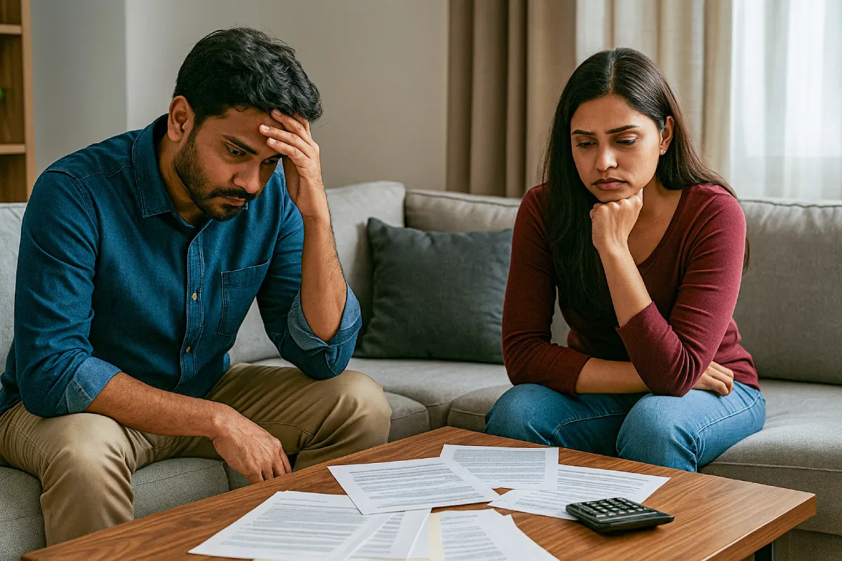 Indian couple sitting apart with legal documents and financial papers, depicting emotional and financial challenges of contested divorce.