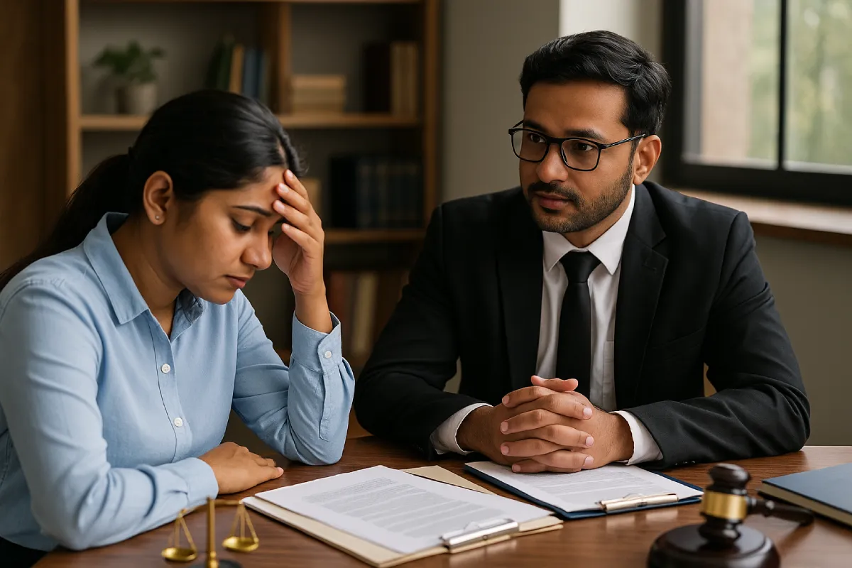Indian lawyer consulting with a distressed client in a private office discussing legal grounds for contested divorce in India.