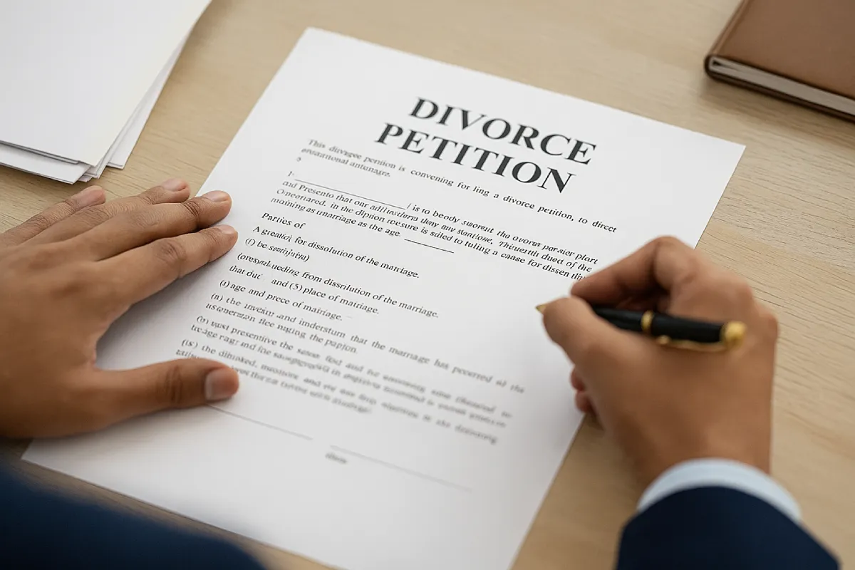 Close-up of hands drafting a divorce petition as part of the divorce process in Bangalore