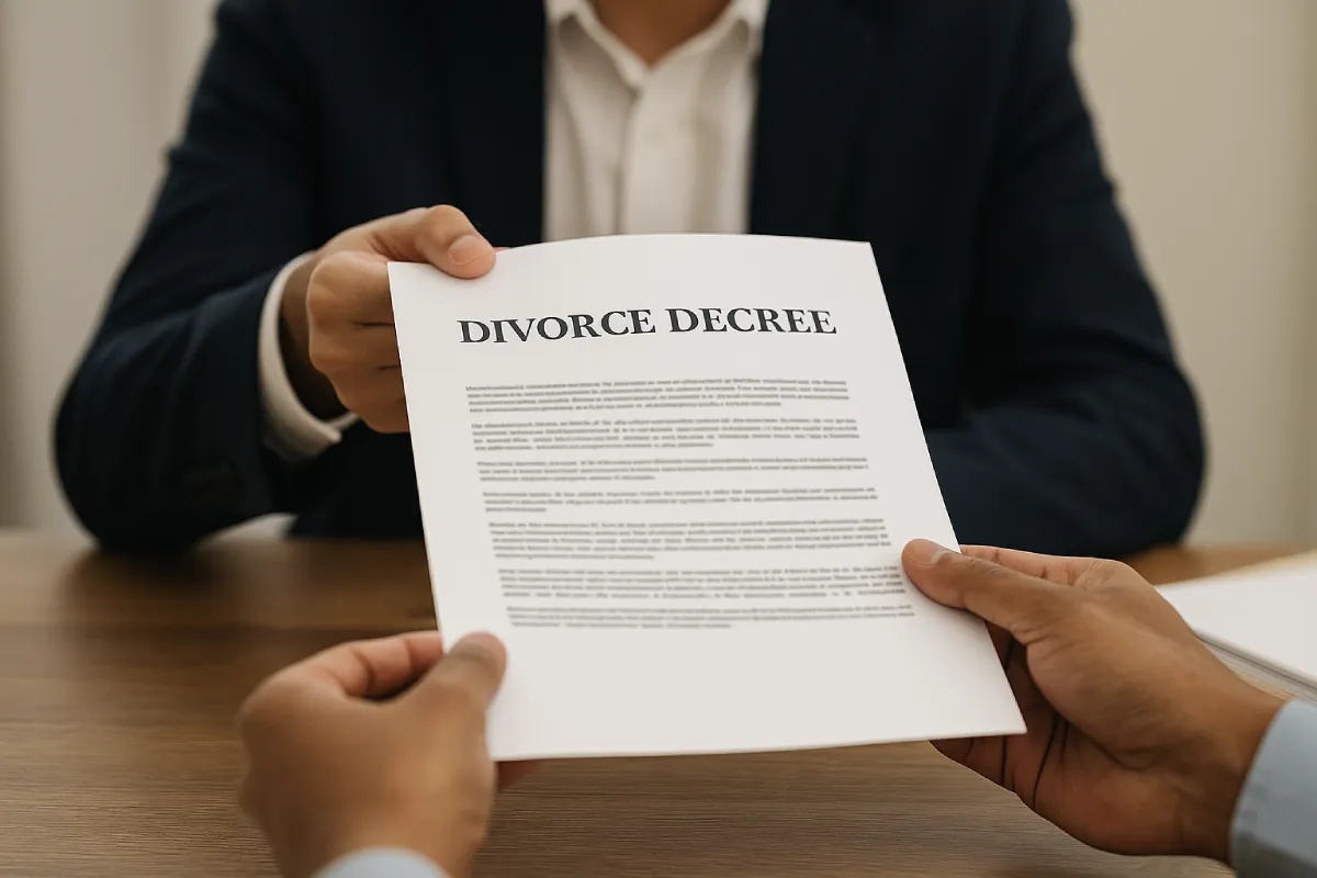 Close-up of an official divorce decree being handed to a spouse as part of the final step in how to file for divorce in India