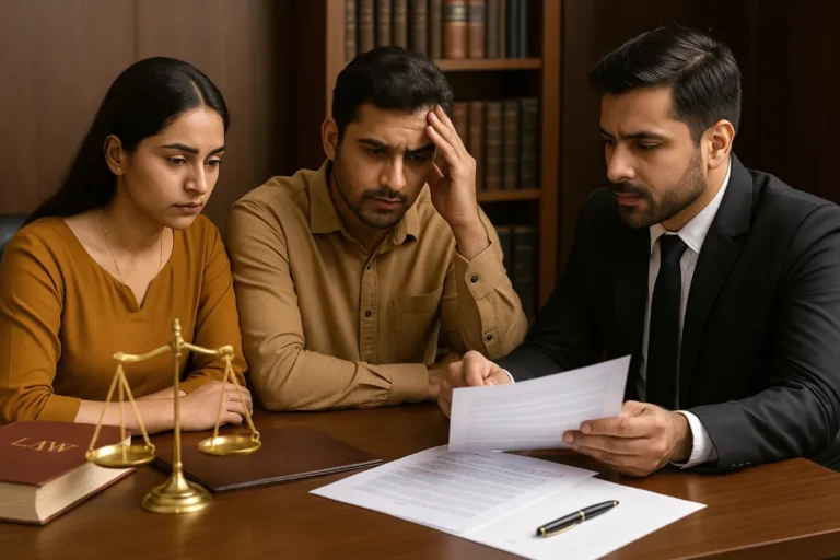 Indian couple consulting a lawyer about Mutual Consent Divorce in a formal office with legal documents and balance scale on the table.