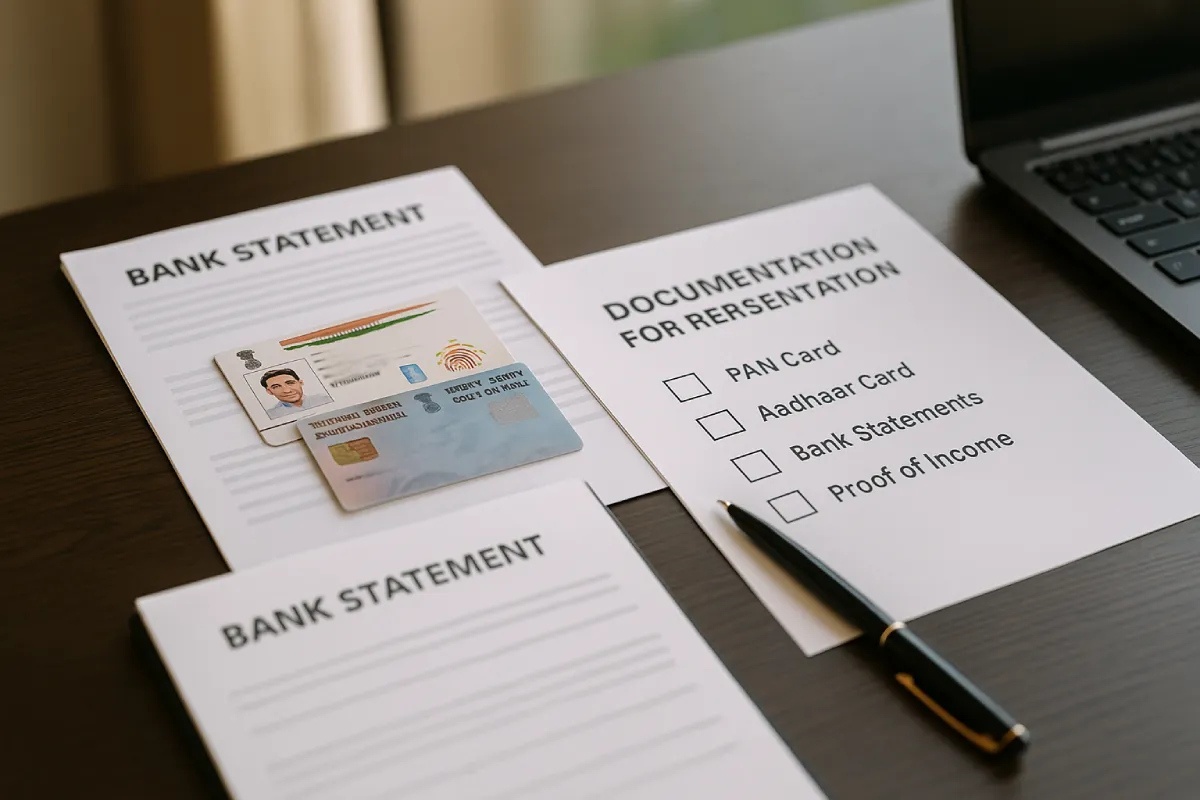 Documents checklist on desk showing how to unfreeze a bank account from cybercrime