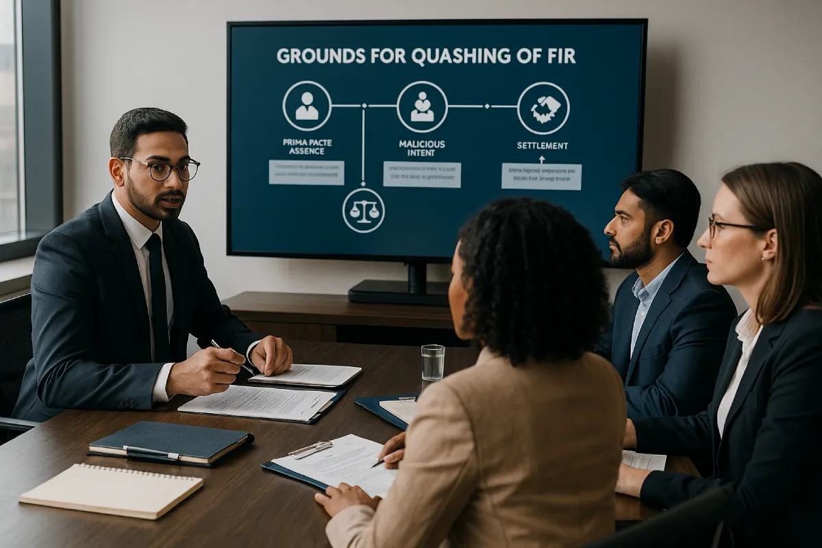 Grounds for Quashing of FIR briefing with flowchart in modern conference room