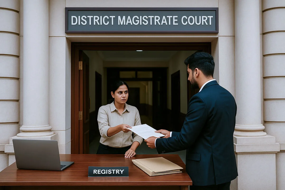 Petitioner submitting court papers at District Magistrate to unfreeze a bank account from cybercrime
