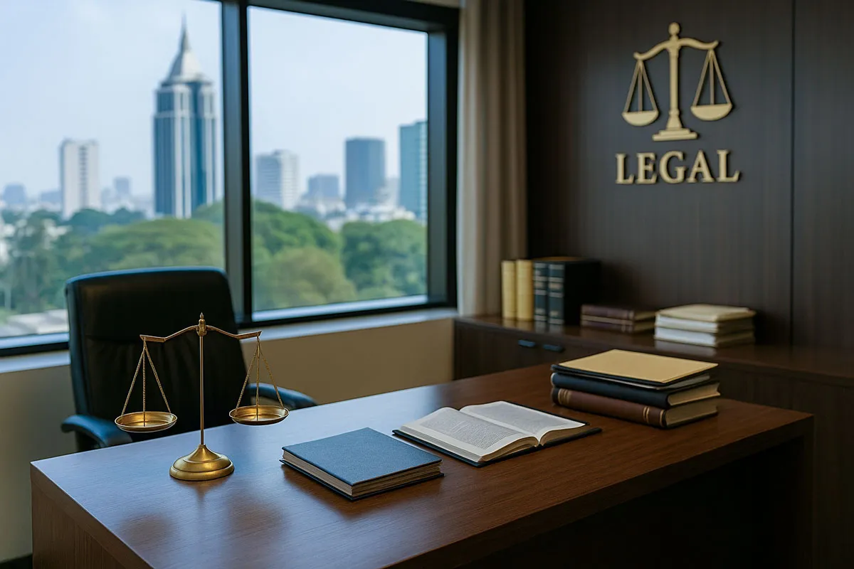Reception desk with justice scales to unfreeze a bank account from cybercrime