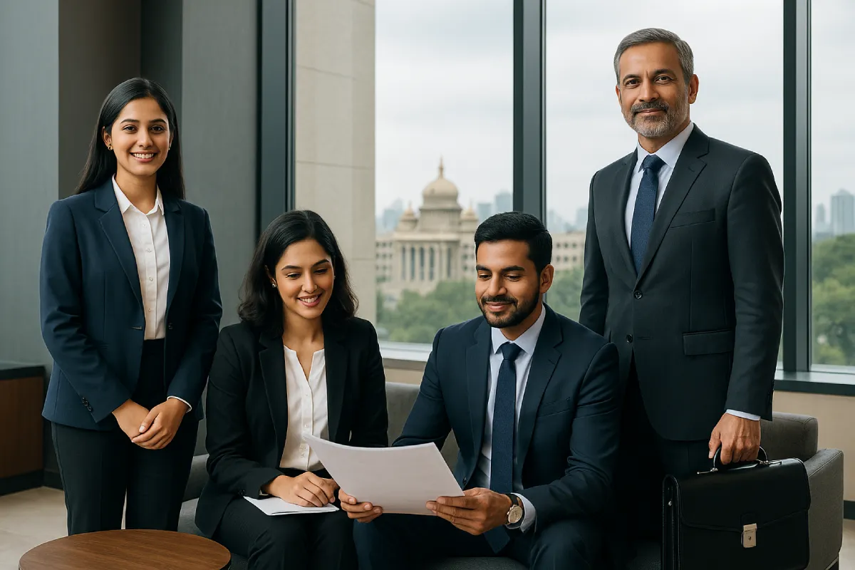 Diverse legal team in Bangalore office with Vidhana Soudha view in the background.