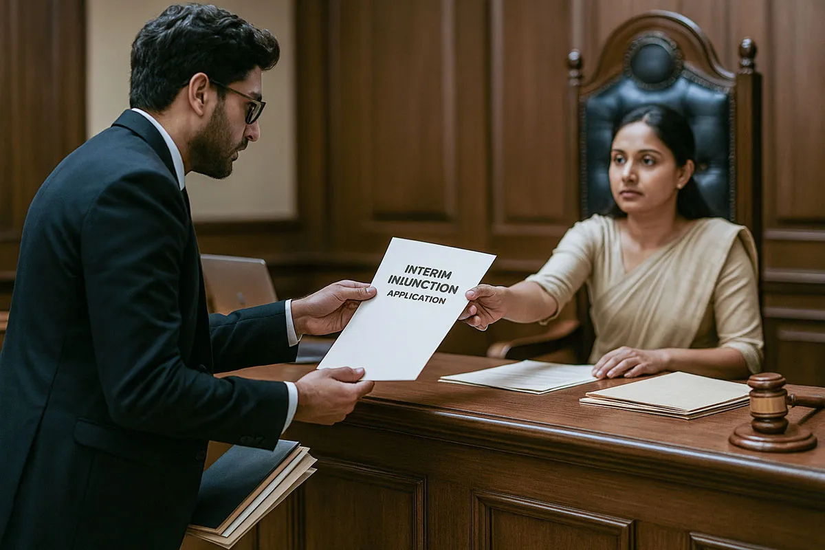 Lawyer handing interim injunction application in court to unfreeze a bank account from cybercrime