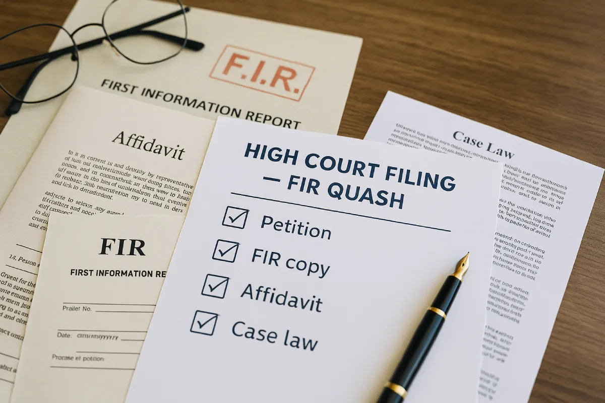 Grounds for Quashing of FIR checklist with FIR copy, affidavit, case law on desk