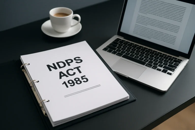 What is NDPS Act binder and laptop on modern law office desk