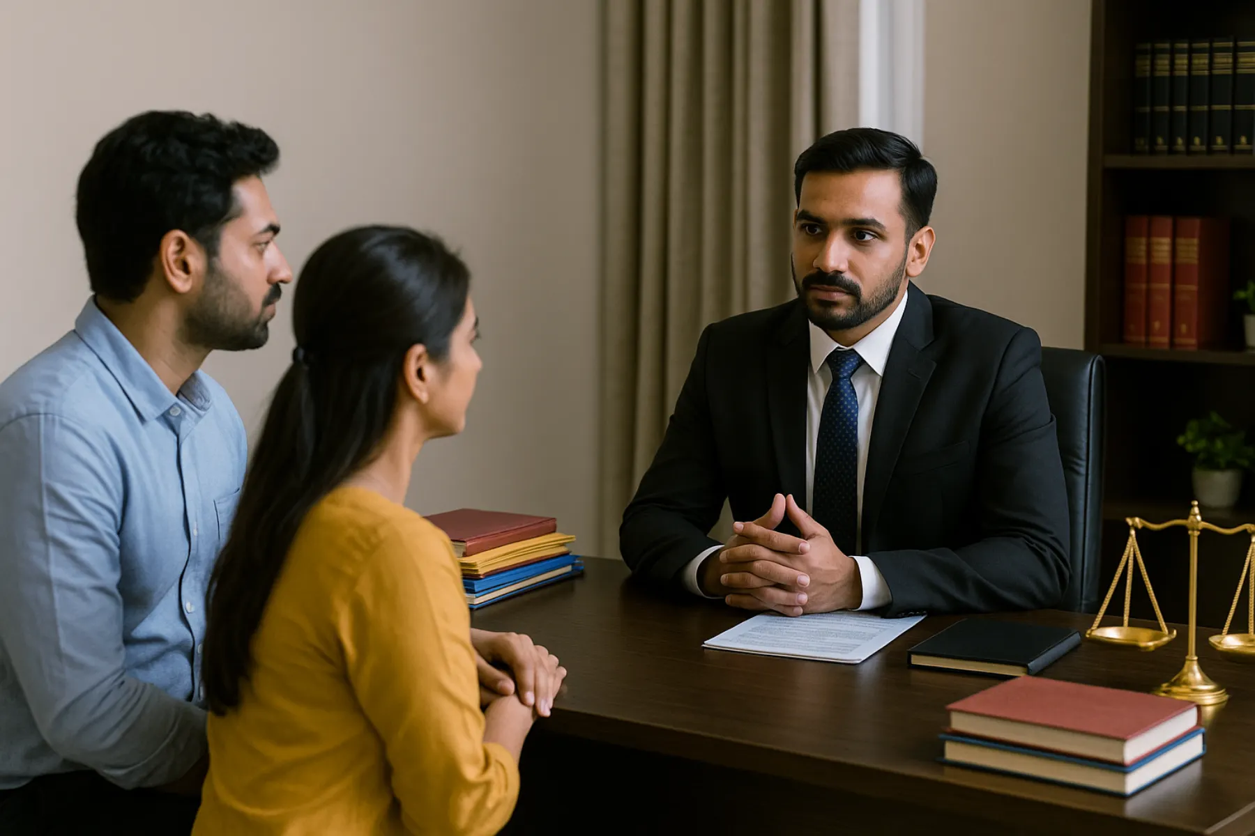 Alimony in divorce consult: Indian couple with family lawyer in Bangalore office