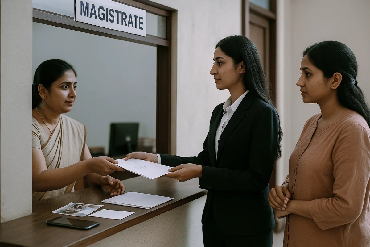 Indian advocate submitting protection order paperwork at Magistrate court filing counter