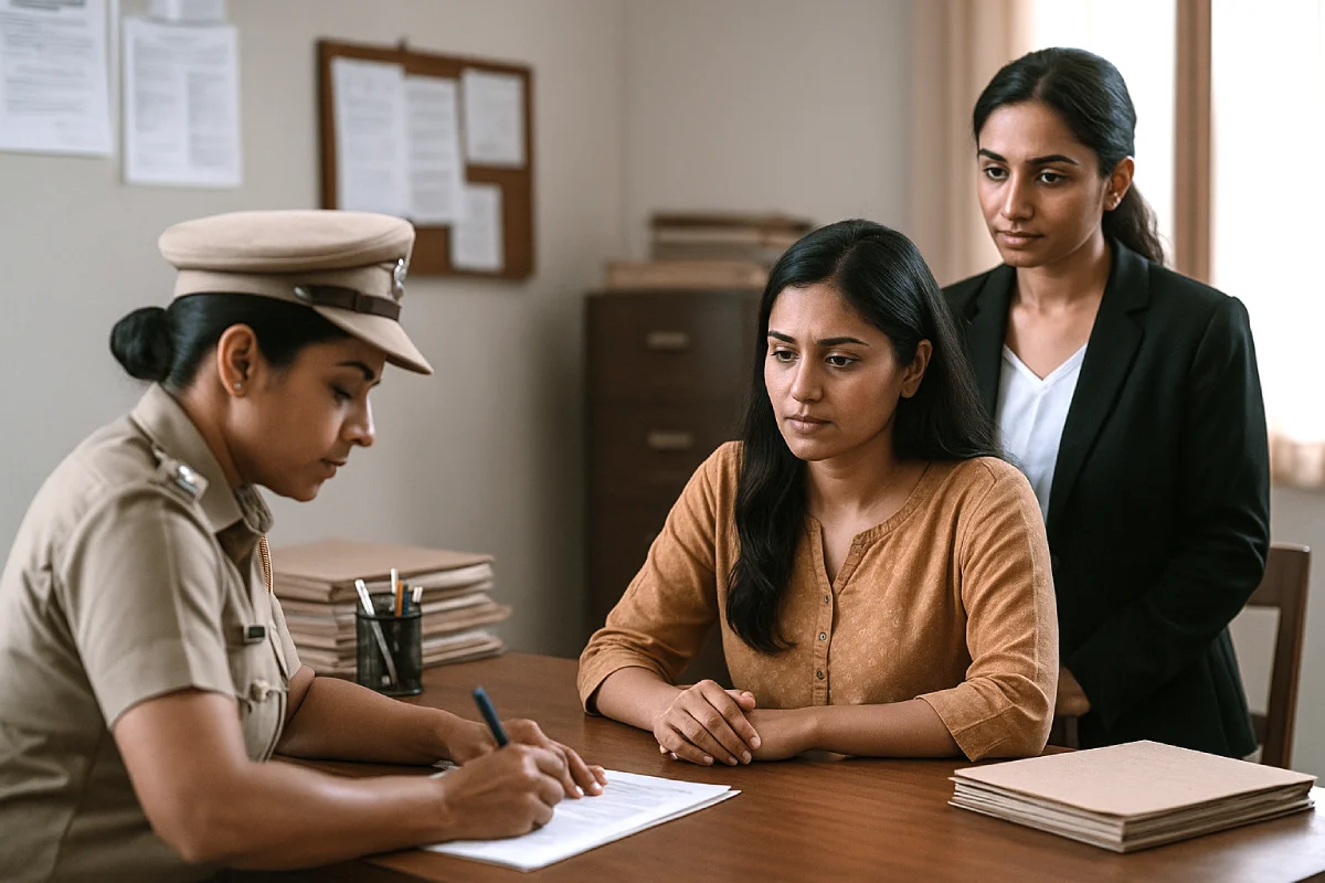 Indian woman filing an FIR with a female police officer and an advocate present for a domestic violence case