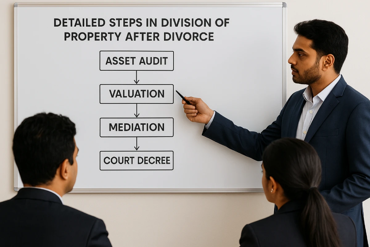professional pointing at flowchart of asset audit, valuation, mediation, court decree
