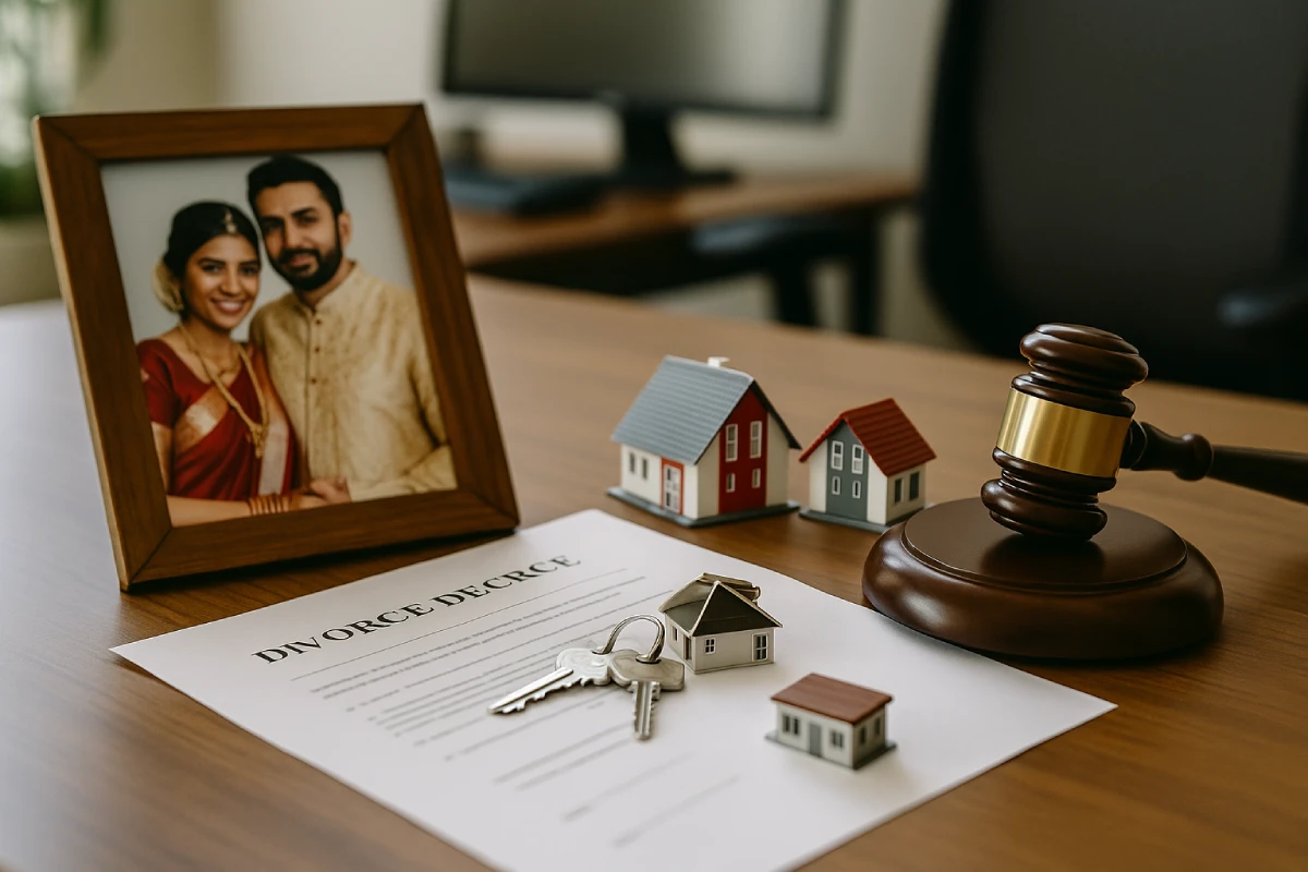 office desk with wedding photos and property documents for division of property after divorce