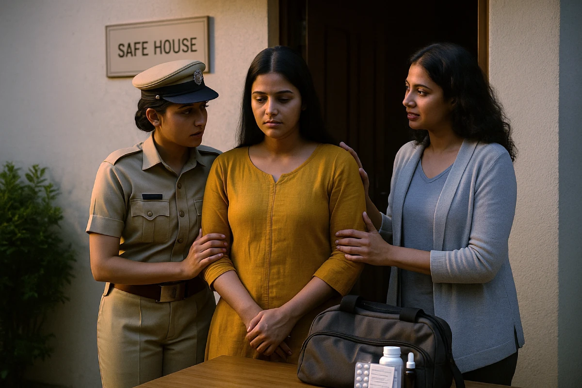 Indian woman is entering a safe house with a police officer and a counselor for domestic violence support