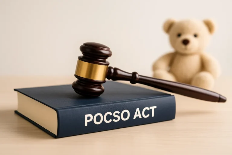 Judge’s gavel on What is POCSO Act book and blurred teddy bear
