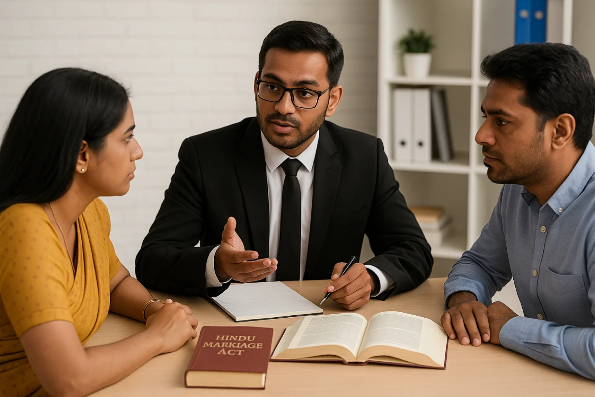 lawyer explaining divorce property division to a couple with legal books