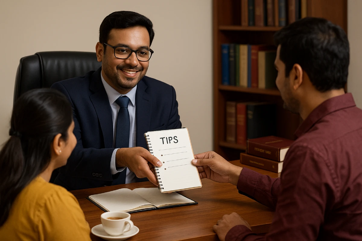 Lawyer handing notepad of practical tips on divorce property division to a couple