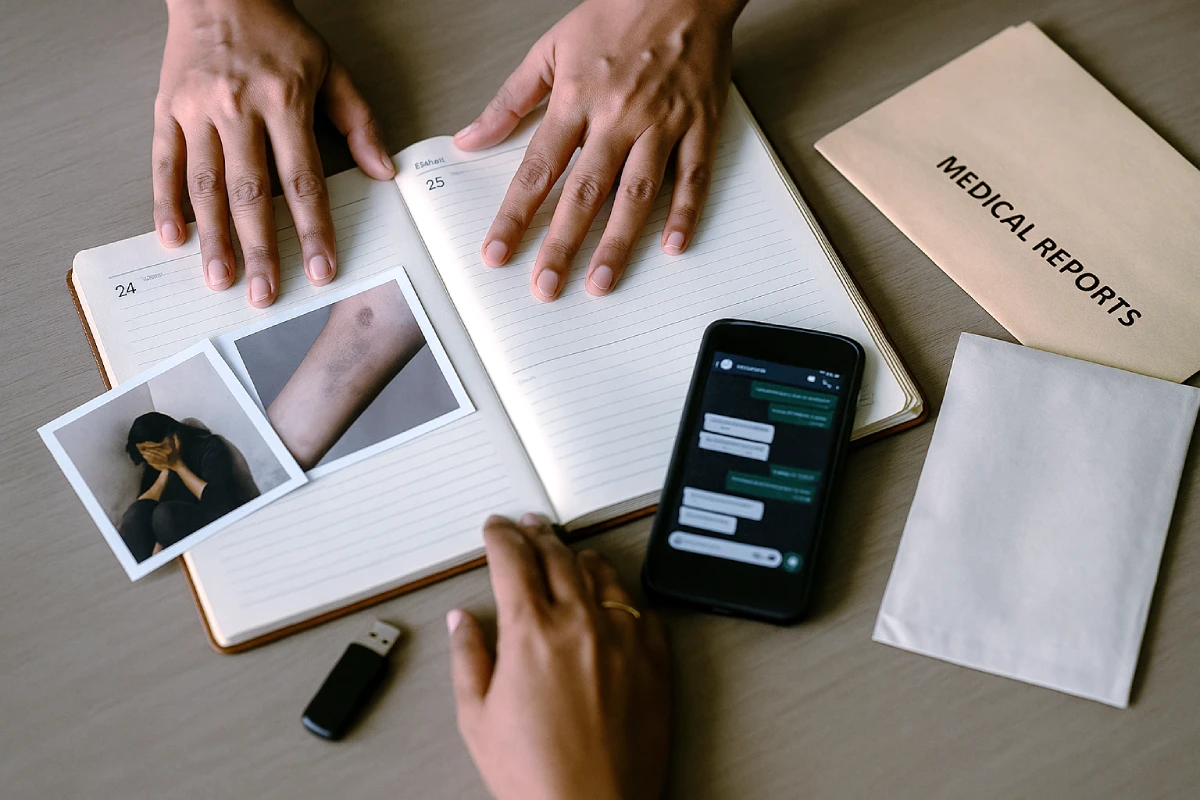 Indian hands arranging domestic violence evidence, including diary, photos, and medical reports