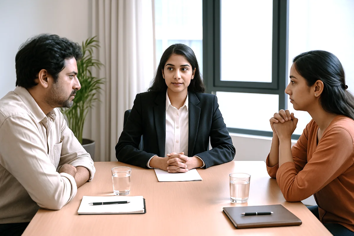 Indian advocate mediating discussion between two adults in modern office for domestic dispute resolution