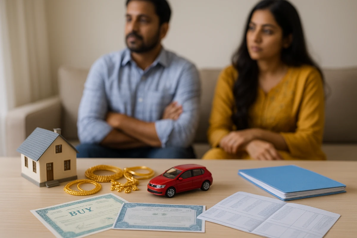 table with house model, jewelry, stock certificates, car model for property distribution after divorce