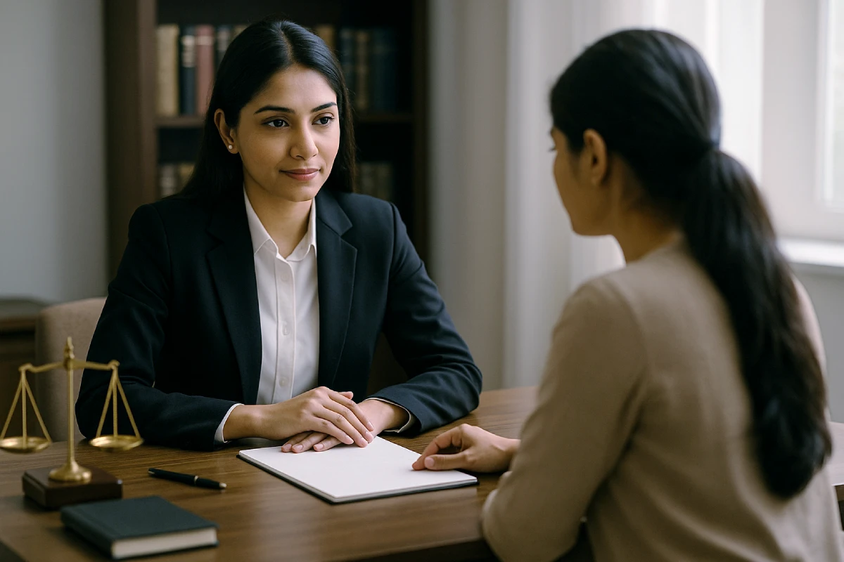 Indian female advocate advising woman in modern law office – What is Domestic Violence