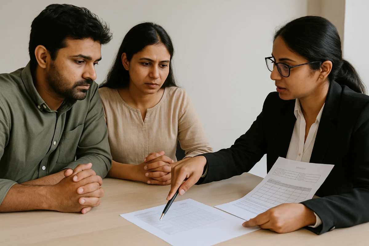 Child Custody in India after divorce: parents with lawyer reviewing court order