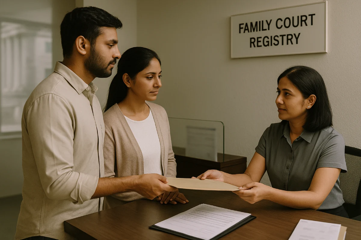 Court mediation — couple submits file at family court registry counter