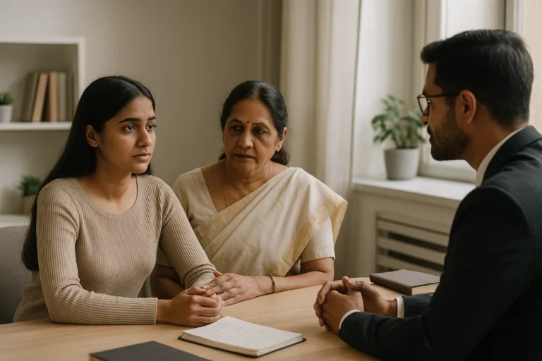 Dowry Harassment: Indian family consulting lawyer in modern office