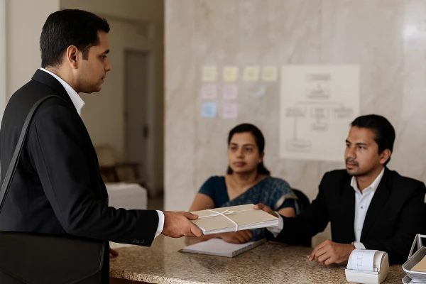 Advocate filing a case for a land dispute at Bengaluru court counter