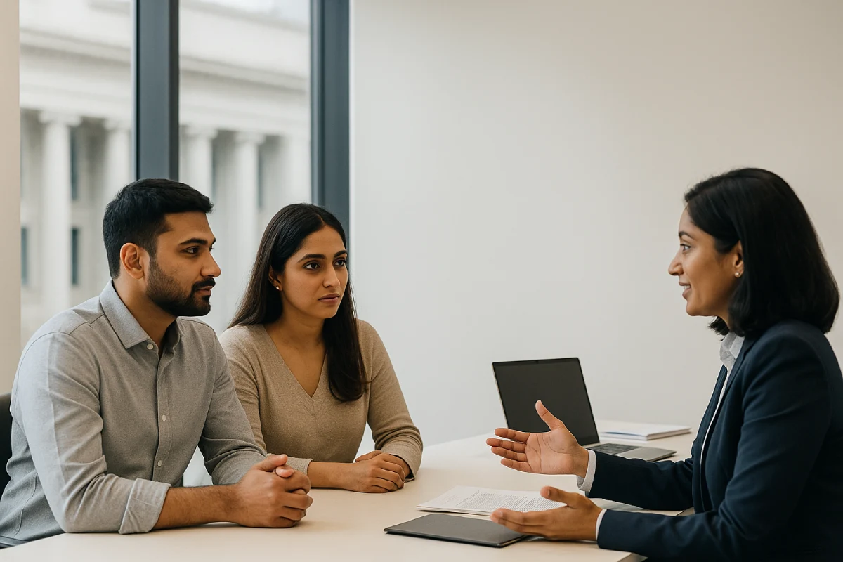 What Is Divorce Mediation? A Simple, Practical Guide - 2025 Mediation vs litigation — Indian couple consults mediator, courthouse blurred