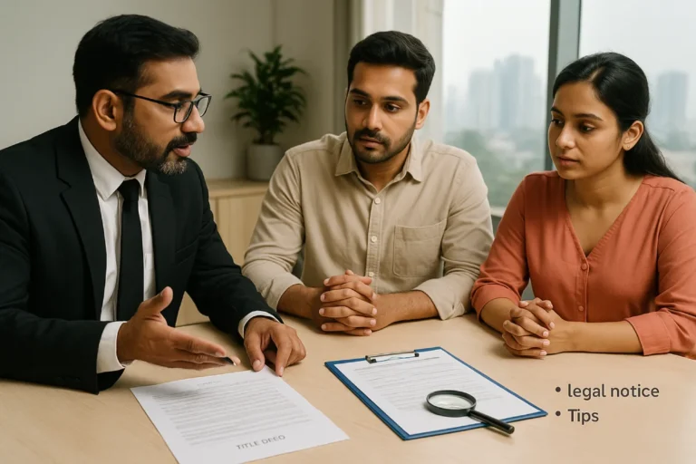 Property Disputes in Bangalore: lawyer guiding couple with EC and deeds