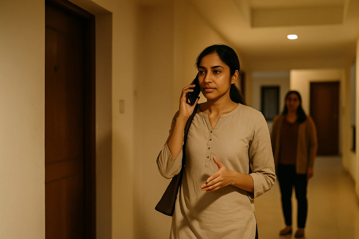 Calling 112 for Dowry Harassment safety in apartment corridor