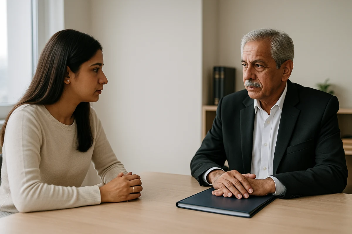 What is Bigamy: Indian woman consulting divorce lawyer in modern office