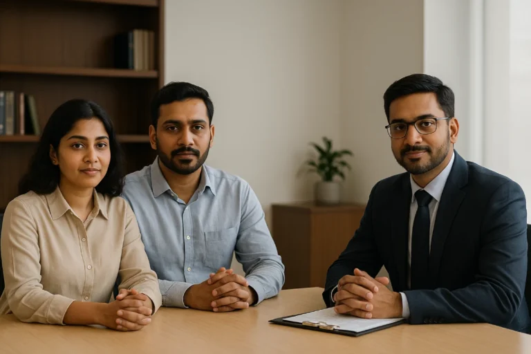 What is Divorce Mediation — Indian couple with mediator in modern office