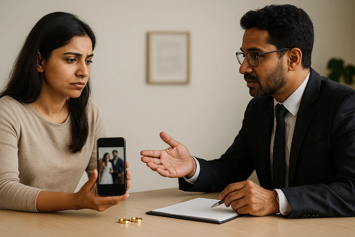 What is Bigamy proof: Indian woman shows wedding photo to lawyer, rings visible