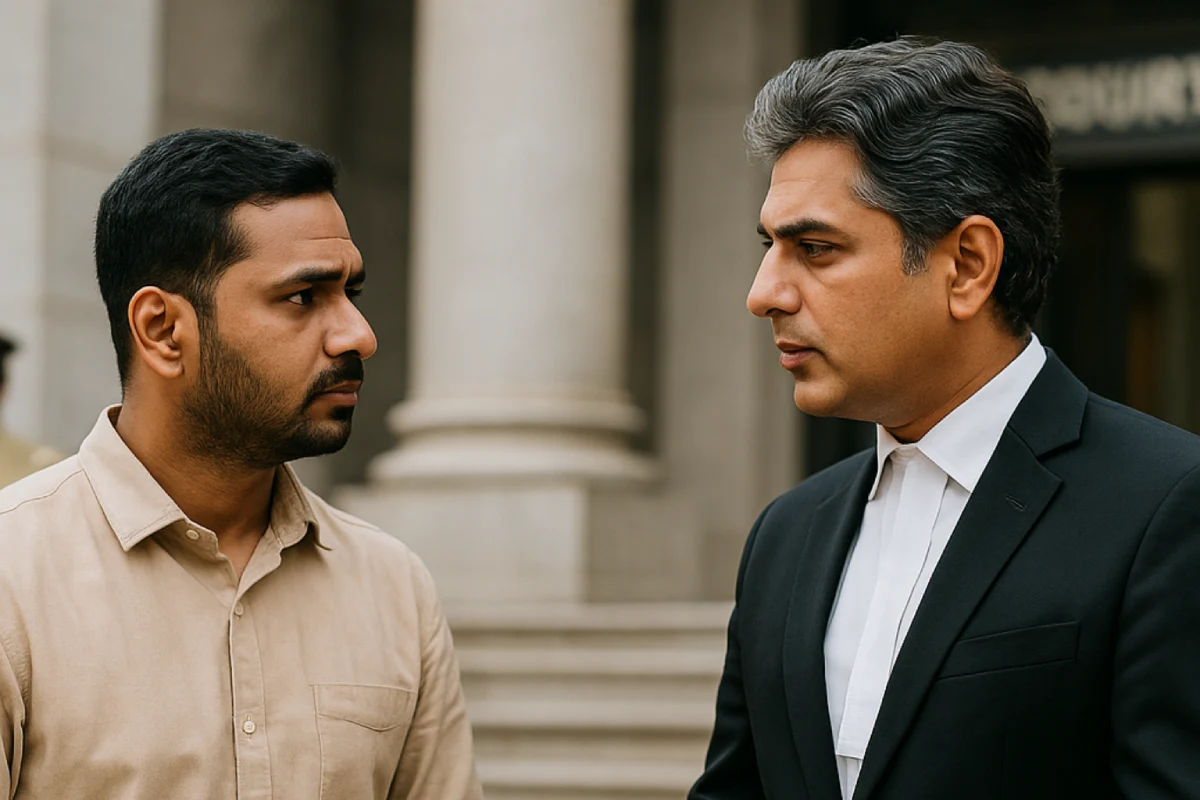 Bigamy Laws in India: Indian criminal lawyer advising client at courthouse