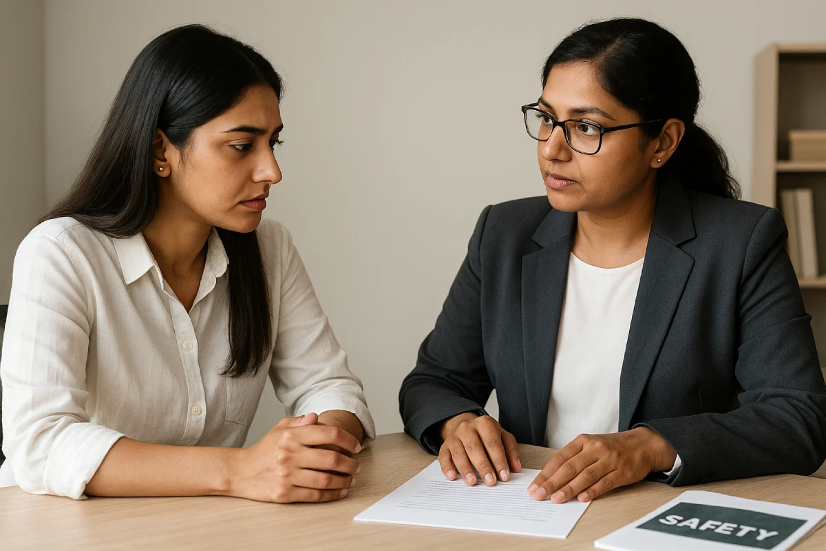 Mediation in divorce safety — woman consults family lawyer, safety plan