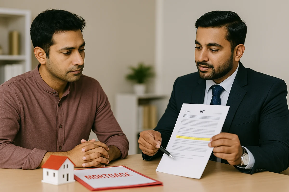 Homebuyer and bank officer reviewing EC in Karnataka with mortgage file