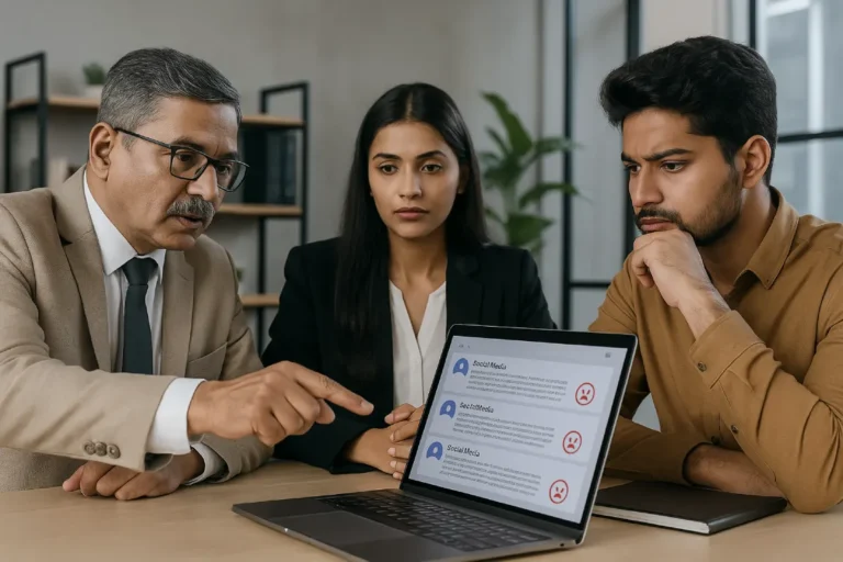 Indian professionals working on cyber defamation legal solutions in office.