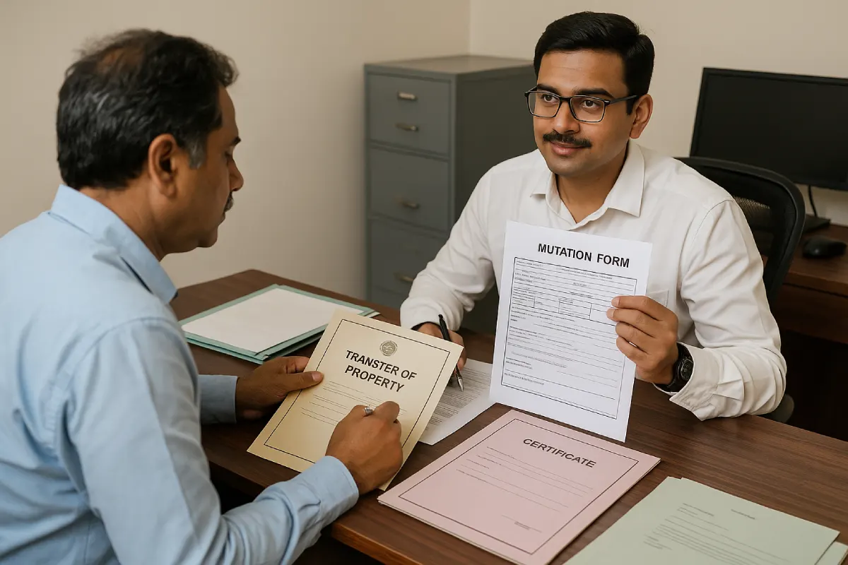 Transfer of Joint Property on Death in India: A Complete Legal Guide Indian officer assisting with property transfer paperwork and mutation forms