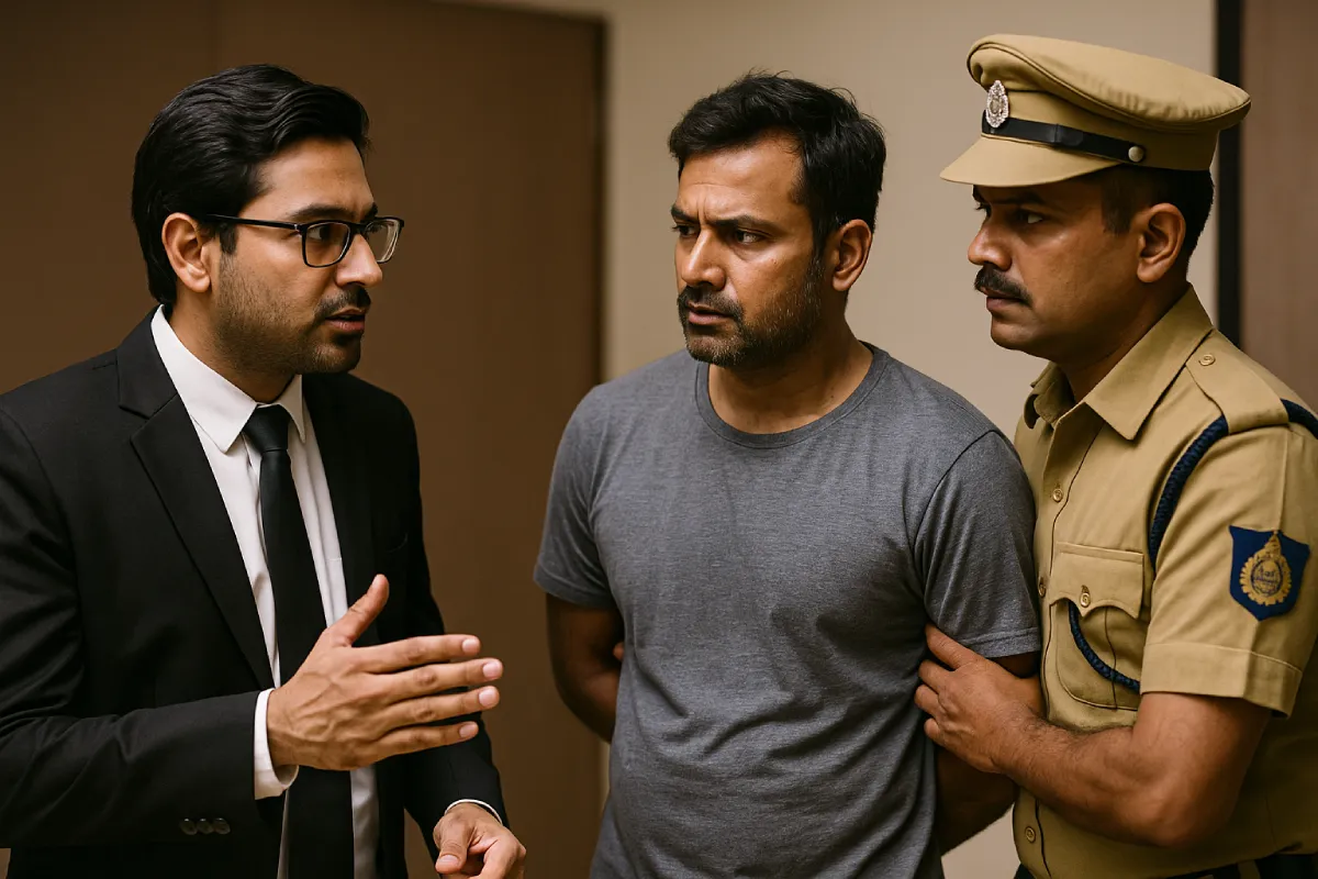 Indian lawyer advising arrested man about legal rights under CrPC in police station.