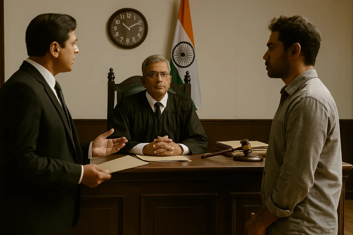 Indian judge in courtroom listening to lawyer and accused, showing fairness and due process.