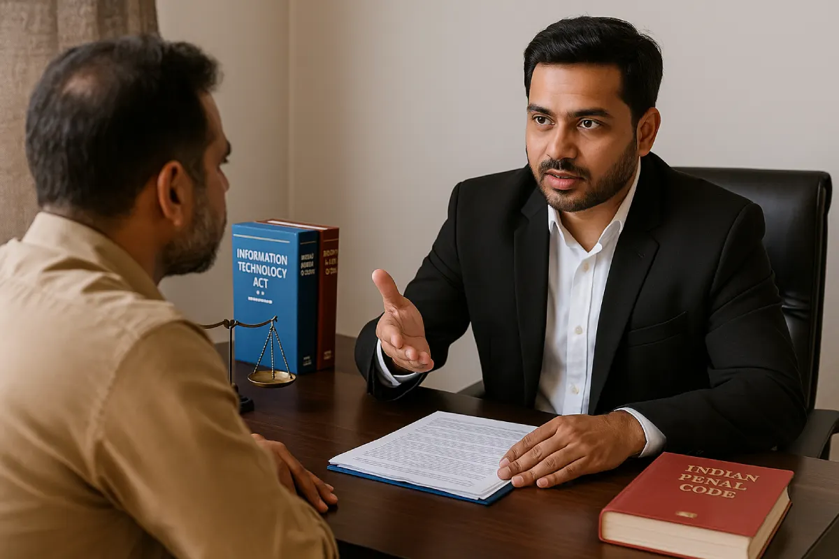 What Is Cyber Defamation? Meaning, Laws & Online Liability Indian lawyer explaining cyber law with IPC and IT Act books on desk